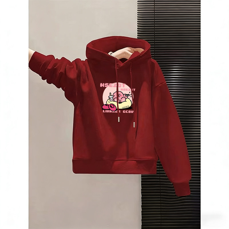 酒红色连帽长袖加绒卫衣秋冬新款洋气休闲大码宽松胖mm设计感外套