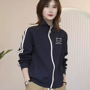 秋冬小众立领女士2025新款 拉链设计加厚宽松显瘦印花卫衣外套上衣
