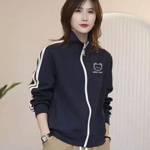 秋冬小众立领女士2025新款拉链设计加厚宽松显瘦印花卫衣外套上衣