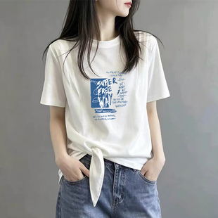 韩版纯棉圆领短袖T恤夏季新款减龄百搭压褶不规则宽松设计感上衣