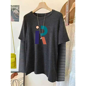 2026新款 上衣 设计感打底衫 圆领撞色拼接长袖 t恤女假两件宽松大码