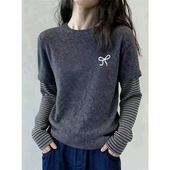 2026新款 上衣 设计感打底衫 假两件圆领撞色拼接长袖 t恤女宽松大码