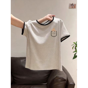 简约修身 夏季 t恤2026正肩时尚 拼接圆领短袖 显瘦字母印花上衣 新款