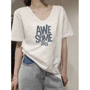 白色纯棉女装 竹节棉v领短袖 小众洋气休闲印花大码 新款 上衣 t恤夏季