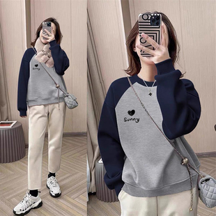 宽松女装 百搭大码 上衣 圆领女士拼接卫衣加绒加厚潮流时尚 春秋新款