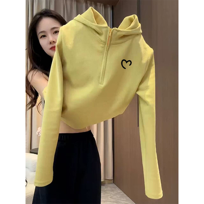 秋冬小众半拉链双面德绒设计感连帽卫衣女修身百搭打底衫加绒上衣