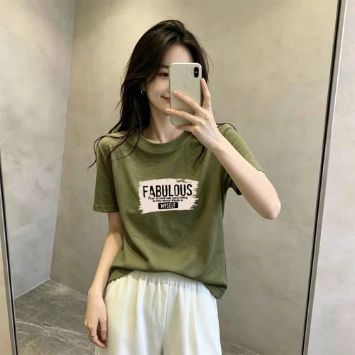 青苔绿雪花棉圆领短袖t恤女夏季新款时尚百搭大码宽松打底衫上衣