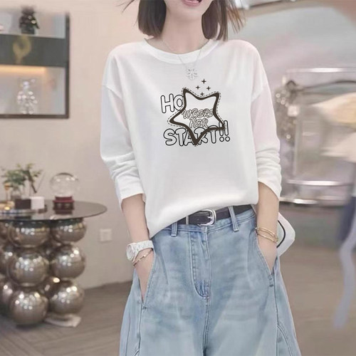 小众纯棉圆领长袖T恤女2026新款减龄百搭大码宽松胖mm打底衫上衣