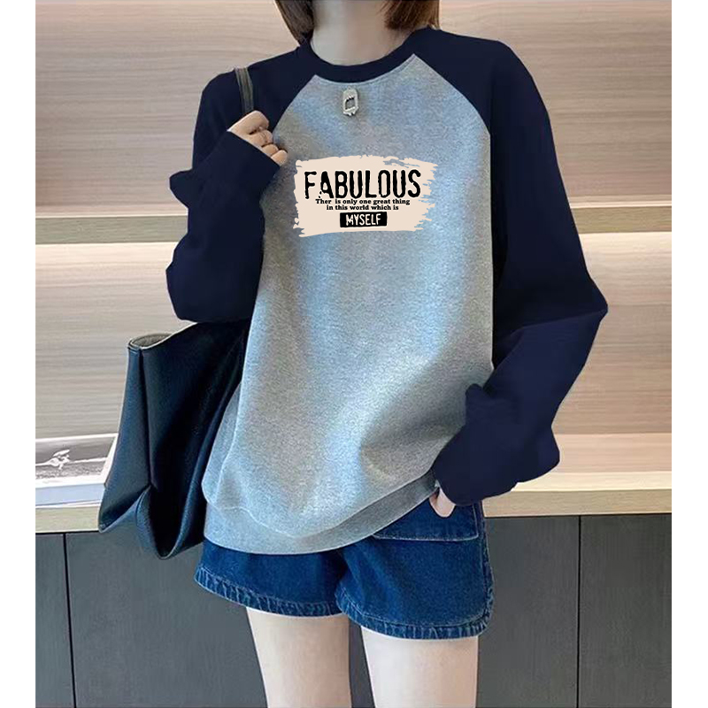 韩版圆领长袖卫衣女秋冬新款洋气休闲加绒宽松大码撞色插肩外套