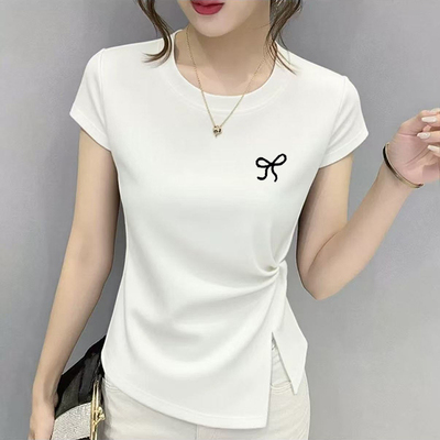 正肩不规则圆领扭结短袖t恤夏季新款休闲百搭修身体恤衫开叉上衣