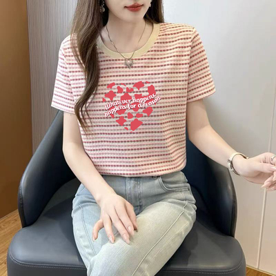 夏季新款撞色条纹纯棉圆领短袖t恤女洋气大码宽松显瘦打底衫上衣
