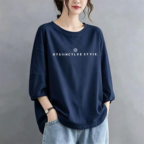 夏季新款纯棉圆领七分袖t恤女小众洋气百搭胖mm大码宽松印花上衣