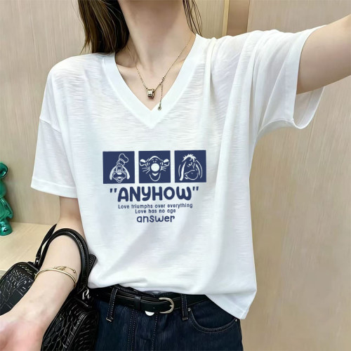 2026夏季新款竹节棉V领短袖t恤女装时尚休闲大码宽松纯棉薄款上衣