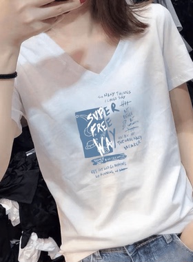 2025年夏季新款V领短袖t恤女纯棉洋气宽松大码胖mm显瘦百搭上衣服