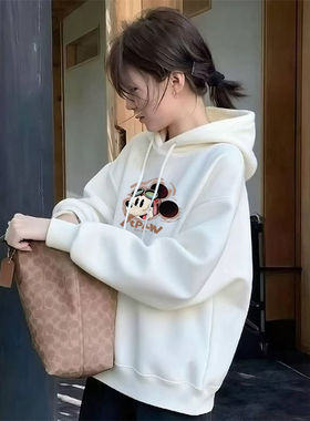 白色连帽长袖加绒卫衣女秋冬新款洋气休闲大码宽松胖mm设计感外套