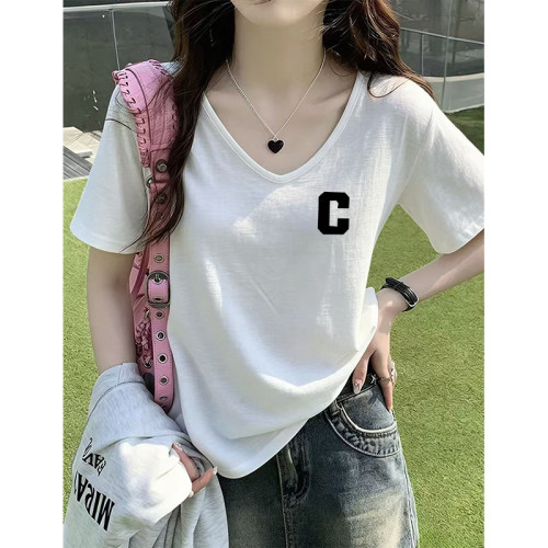 夏季新款简约V领雪花棉短袖t恤女减龄百搭大码宽松胖mm体恤衫上衣