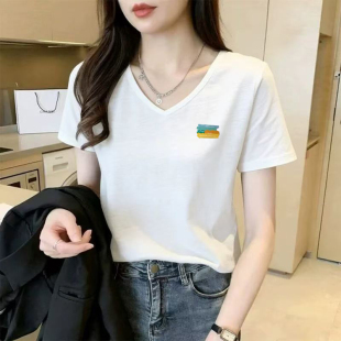 新款 t恤2026夏季 时尚 百搭印花大码 上衣 韩版 纯棉女装 竹节棉v领短袖