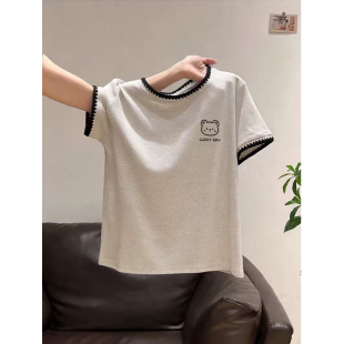 t恤2026正肩洋气百搭修身 拼接圆领短袖 显瘦字母印花上衣 新款 夏季
