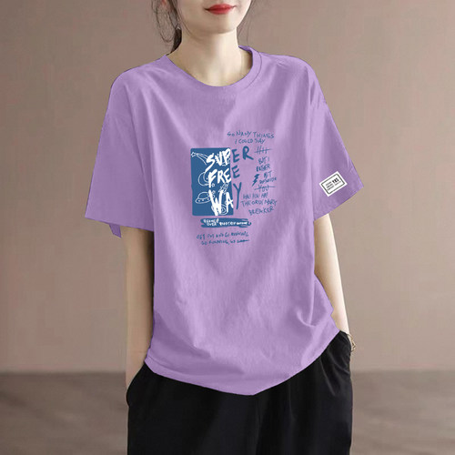 2025夏季紫色大码圆领短袖纯棉休闲减龄字母印花时尚半袖上衣女