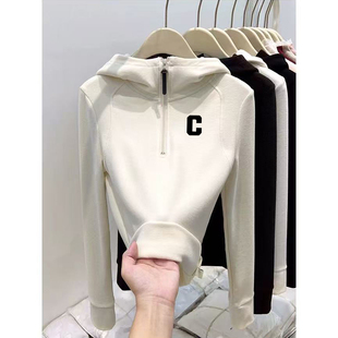 上衣加绒帽衫 打底衫 设计感修身 半拉链双面德绒连帽卫衣女秋冬新款