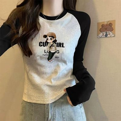 秋冬季新款德绒保暖长袖t恤正肩百搭修身显瘦上衣撞色插肩打底衫