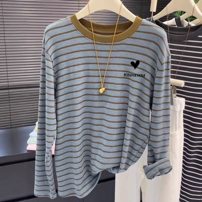 秋冬新款德绒磨毛保暖长袖t恤女上衣撞色条纹宽松大码打底衫女装