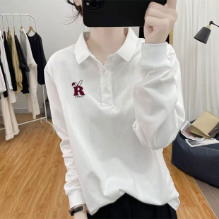 减龄大码 韩版 新款 t恤女春秋季 宽松设计感上衣 纯棉正肩Polo领长袖