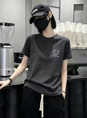 深花灰色纯棉圆领短袖t恤夏季新款时尚百搭胖mm大码宽松半袖上衣