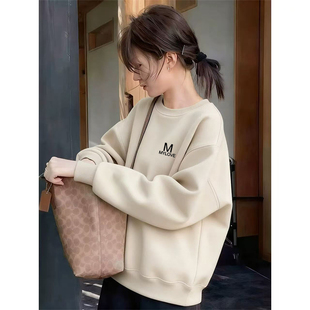 百搭大码 加绒设计感卫衣女时尚 宽松加厚套头外套 圆领长袖 秋冬新款