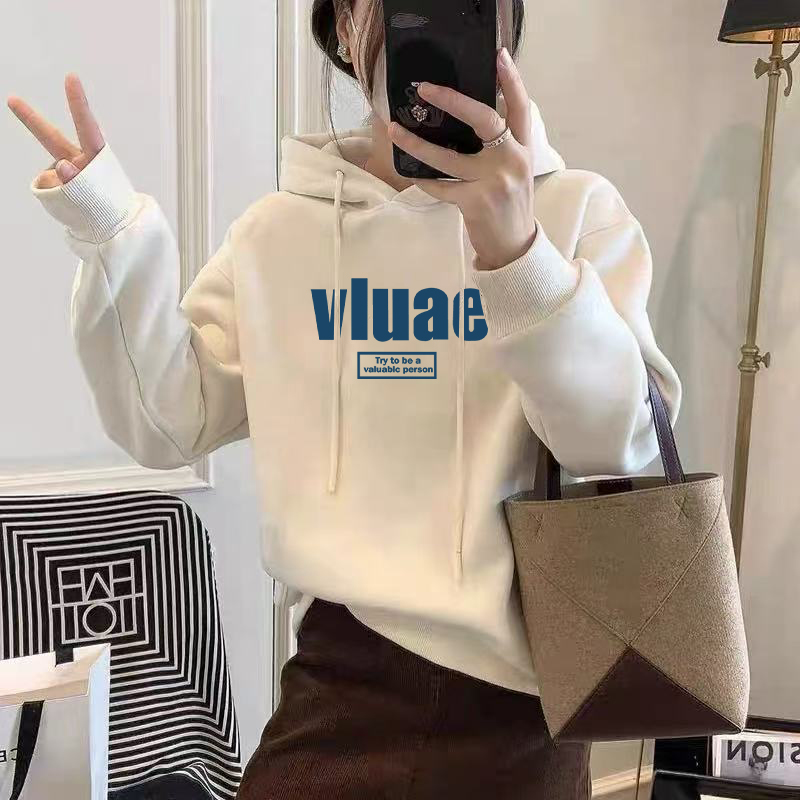 连帽长袖加绒加厚卫衣女秋冬新款洋气减龄大码宽松胖mm设计感外套