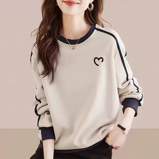 2025年春秋圆领女士撞色卫衣加绒加厚时尚 宽松显瘦上衣 洋气大码