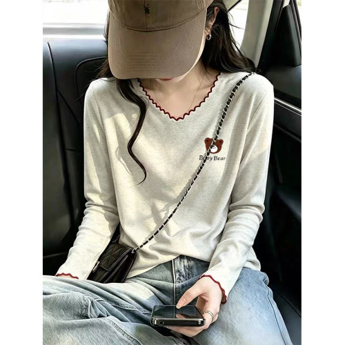 撞色拼接V领长袖t恤女秋季新款洋气休闲修身显瘦木耳边打底衫上衣