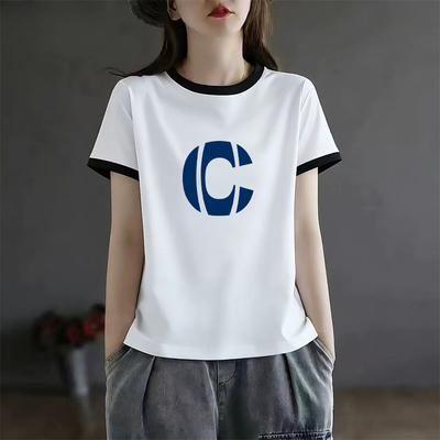 夏季新款撞色圆领正肩短袖t恤女士洋气休闲修身设计感打底衫上衣