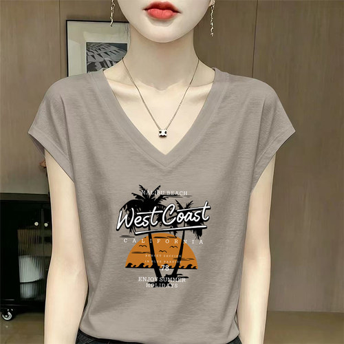 卡其色竹节棉V领短袖t恤女夏季新款减龄休闲大码宽松纯棉薄款上衣