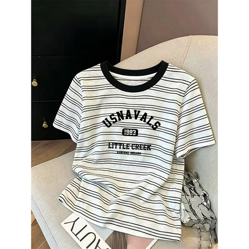 黑色撞色条纹圆领短袖t恤女夏季新款时尚百搭大码宽松打底衫上衣