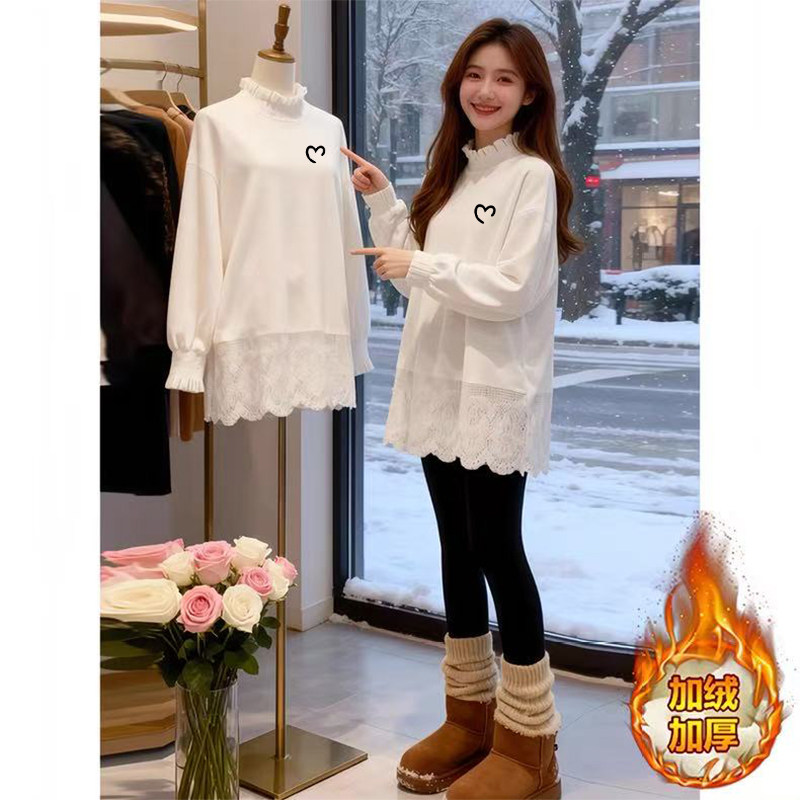蕾丝花边拼接圆领德绒磨毛长袖T恤秋冬新款洋气宽松中长款打底衫