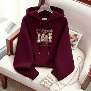 套头外套 洋气百搭宽松大码 酒红色连帽长袖 加绒设计感卫衣秋冬新款