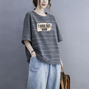 撞色条纹圆领短袖 新款 纯棉洋气大码 宽松胖mm设计感上衣 t恤女夏季