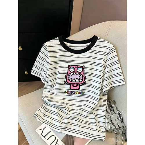 黑色撞色条纹圆领短袖t恤女夏季新款时尚百搭大码宽松打底衫上衣