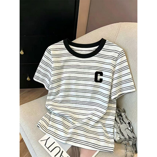 黑色撞色条纹圆领短袖t恤女夏季新款时尚百搭大码宽松打底衫上衣