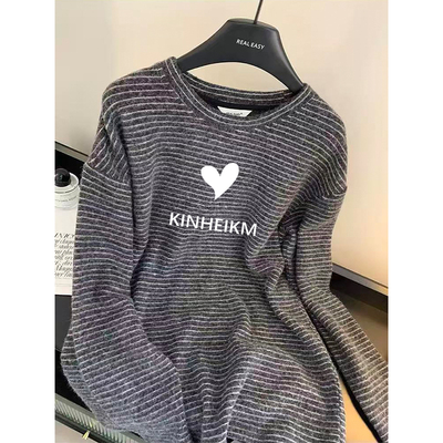 德绒保暖撞色条纹圆领长袖女2026新款宽松设计感打底衫中长款上衣