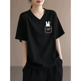宽松显瘦打底衫 黑色纯棉V领短袖 上衣 减龄大码 新款 t恤女装 2026夏季