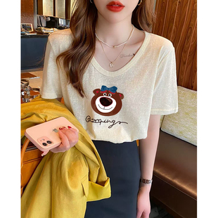 t恤女时尚 2026夏季 新款 雪花棉V领短袖 上衣 洋气宽松显瘦胖mm体恤衫