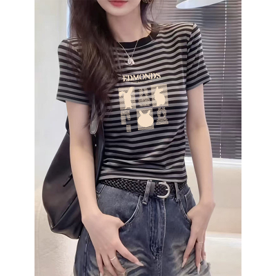 小众条纹撞色圆领短袖t恤女装夏季新款洋气修身设计感打底衫上衣