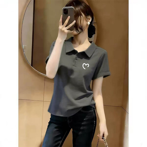 深花灰正肩POLO领纽扣短袖T恤女夏季新款时尚修身翻领设计感上衣