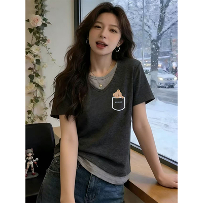 假两件V领短袖T恤女装2026夏季新款洋气拼接设计感显瘦打底衫上衣