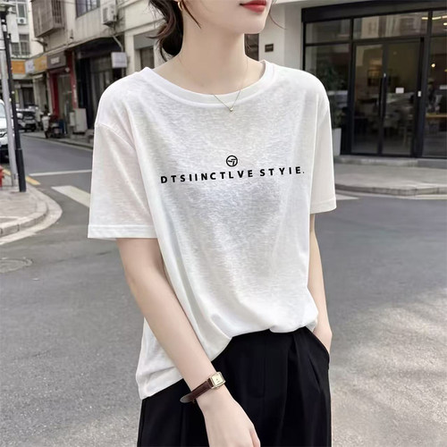 白色雪花棉圆领短袖t恤女装夏季新款简约休闲大码宽松打底衫上衣