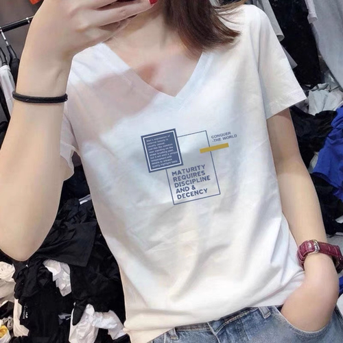 2025夏季新款纯棉白色短袖t恤女装V领宽松休闲大码时尚百搭上衣服