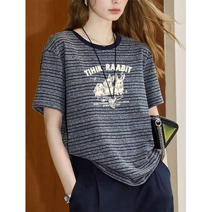 时尚 春夏新款 条纹撞色圆领短袖 t恤女韩版 宽松设计感胖mm上衣 大码