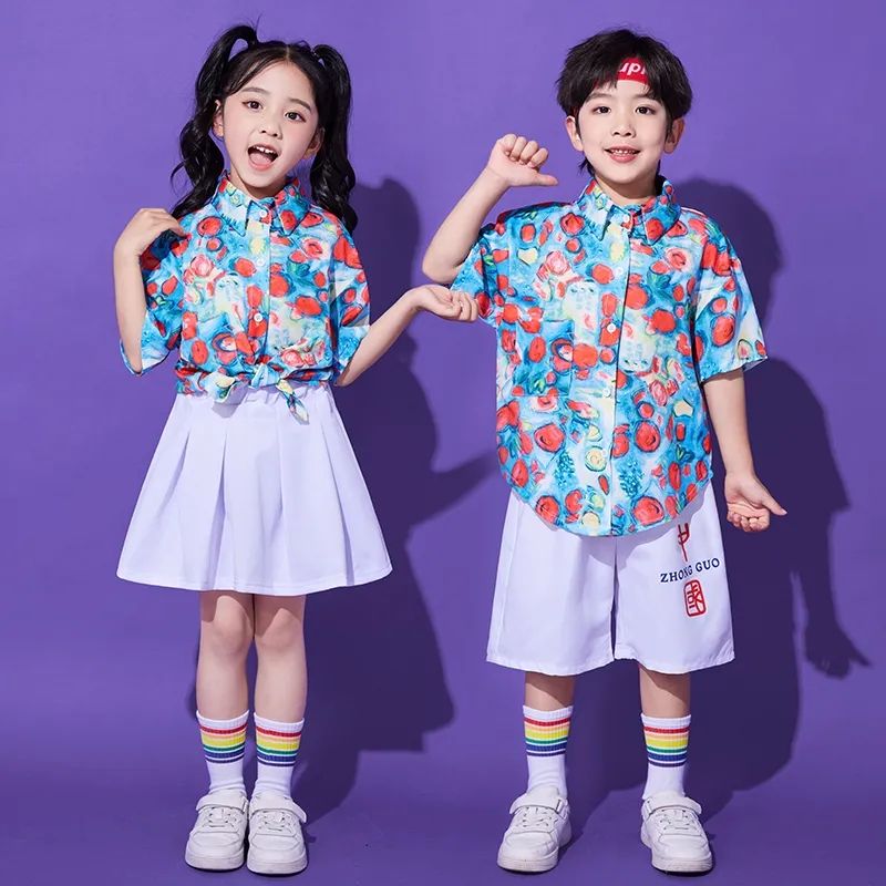 小学生儿童国庆表演穿搭童装男孩港风复古花衫衬8090年代女童衣服